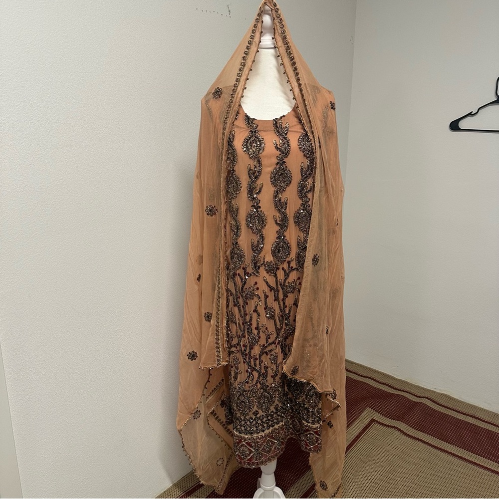 Peach Bronze and Red Embroidered Two-Piece Salwar Kameez | Size Approx. Large - Picture 1 of 12